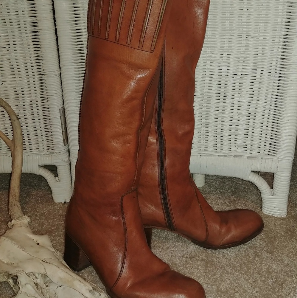 Vintage 70s Light Brown Cognac Campus Boots Knee H